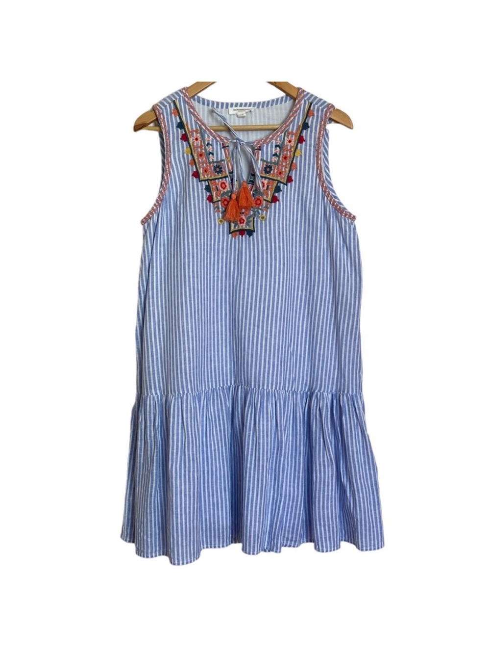 Sleeveless Blue Stripe Embroidered Tassel Linen Cotton Blend Dress.